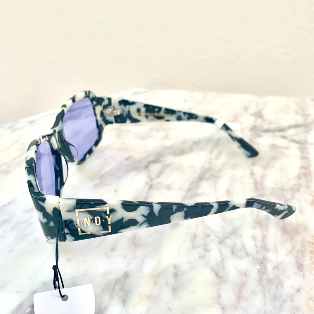 INDY Maui Sunglasses in Black White Marble Tortoise Blue Lens Anthropologie - Picture 12 of 16